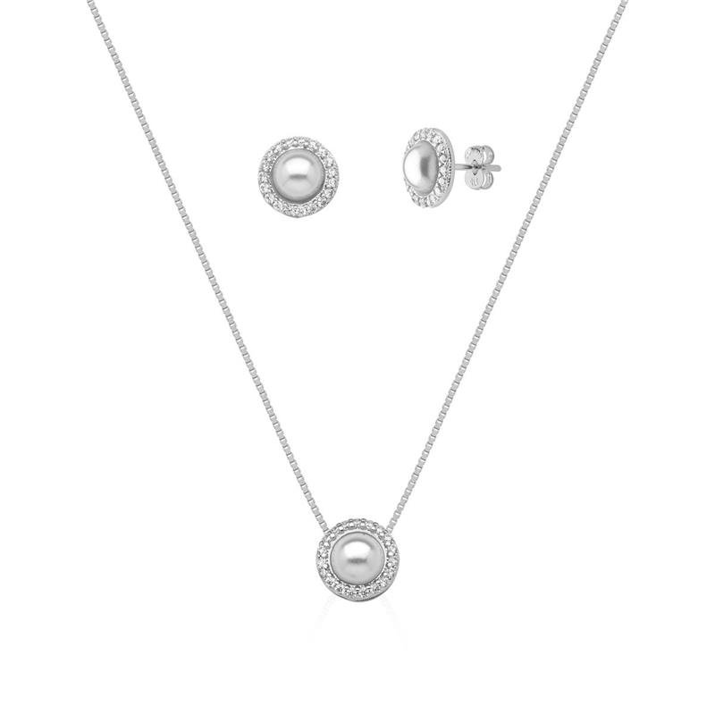 CONJUNTO COM PÉROLA E PEDRAS DE ZIRCÔNIA