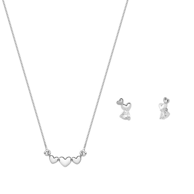 CONJUNTO TRÊS CORAÇÕES COM PEDRA DE ZIRCÔNIA - PINK STAR