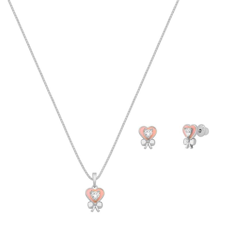 CONJUNTO CORAÇÃO LAÇO COM PEDRA DE ZIRCÔNIA E ESMALTE ROSA CLARO
