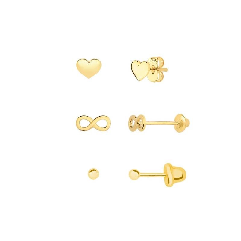 BRINCOS TRIO CORAÇÃO, INFINITO E ESFERA