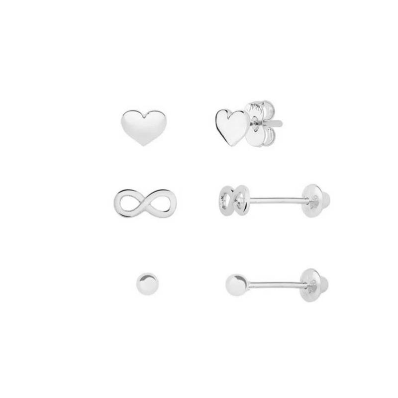 TRIO DE BRINCOS CORAÇÃO, INFINITO E ESFERA