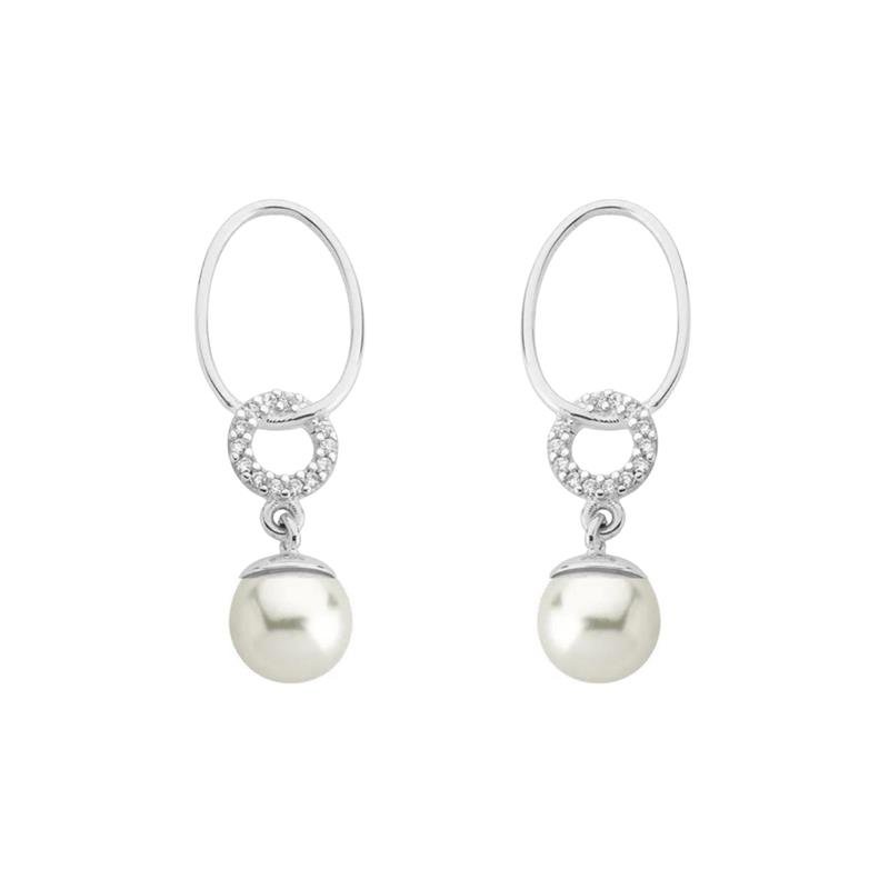 BRINCO PENDENTE OVAL COM CÍRCULO CRAVEJADO E PÉROLA