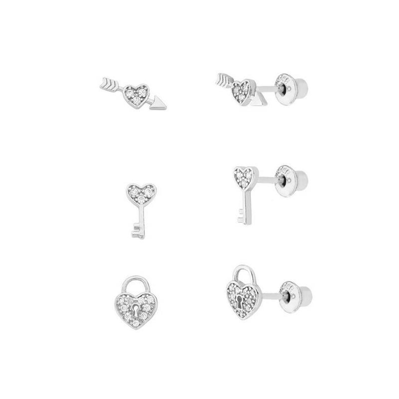 BRINCOS TRIO DE CORAÇÕES CRAVEJADOS