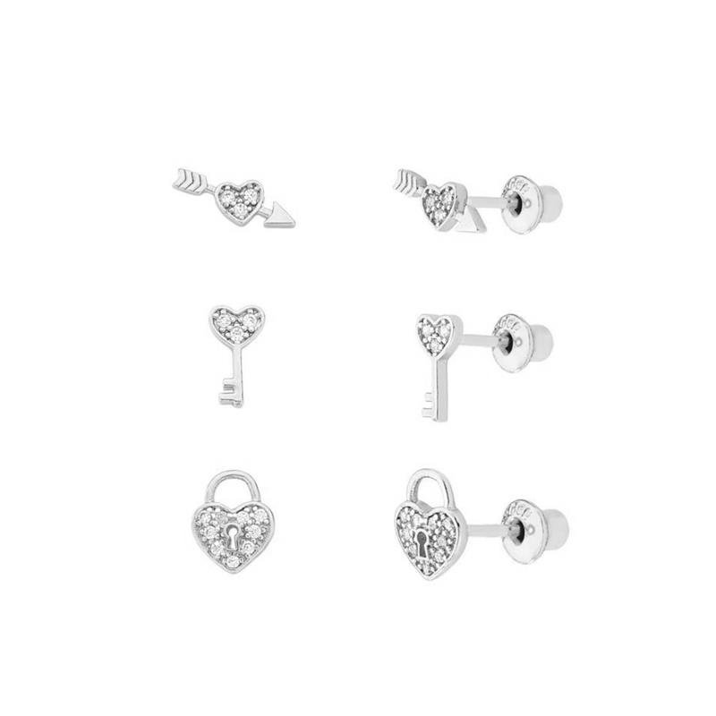 TRIO DE BRINCOS CORAÇÕES CRAVEJADOS