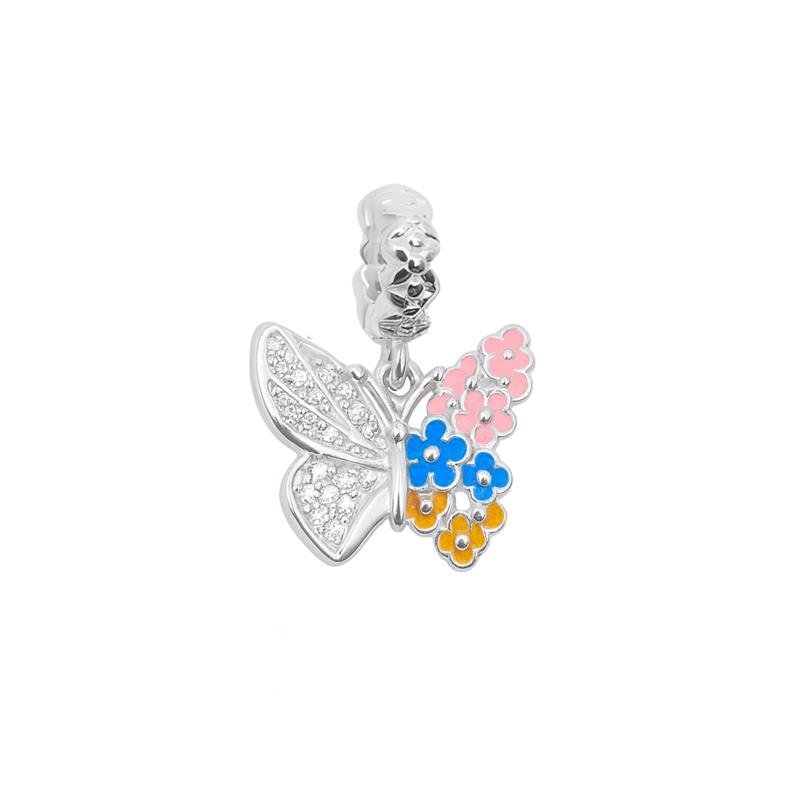 CHARM PENDENTE BORBOLETA COM FLORES E CRAVAÇÃO